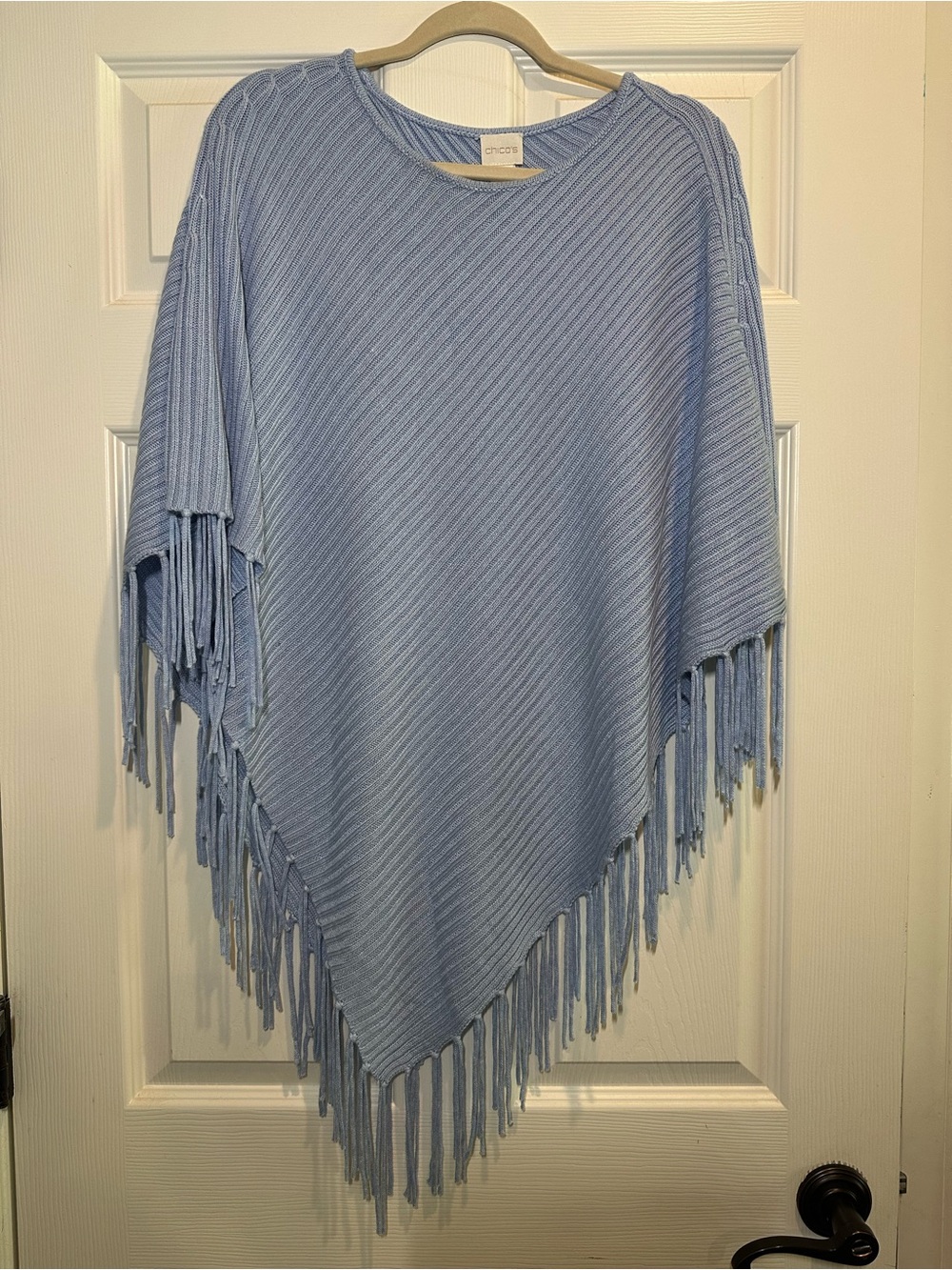 Chico's Pale Blue Cable Knit Poncho with Fringe Trim